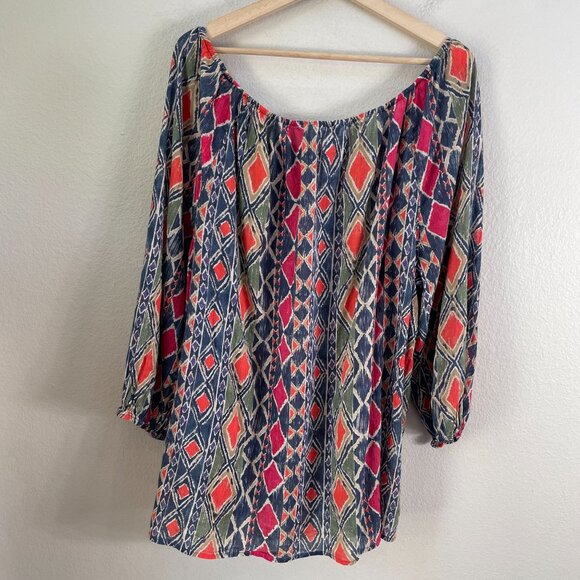 Chaps Womens Plus 3X Ikat Peasant Top Long Sleeve Boho Blouse Shirt - Picture 7 of 7